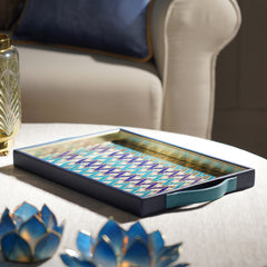 Blue Ikat Print Glass Faux Leather Tray - Large