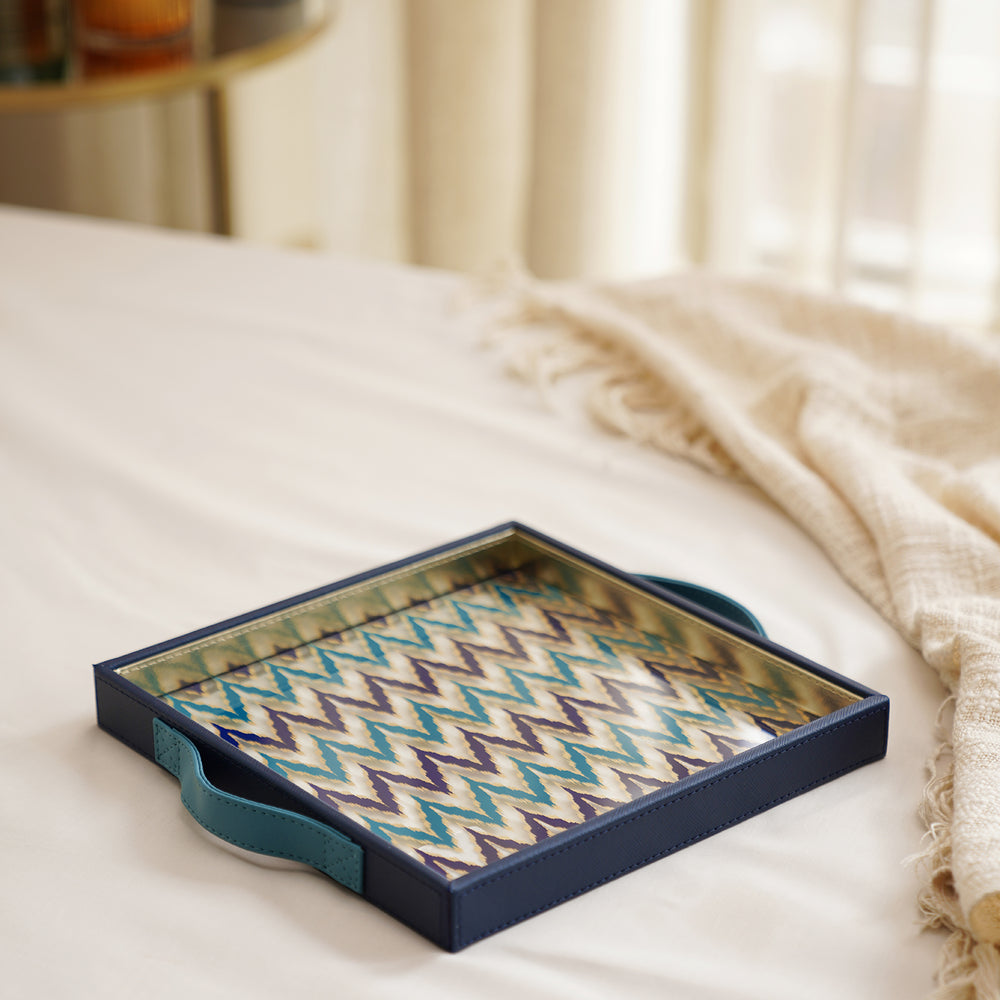 Blue Ikat Print Glass Faux Leather Tray