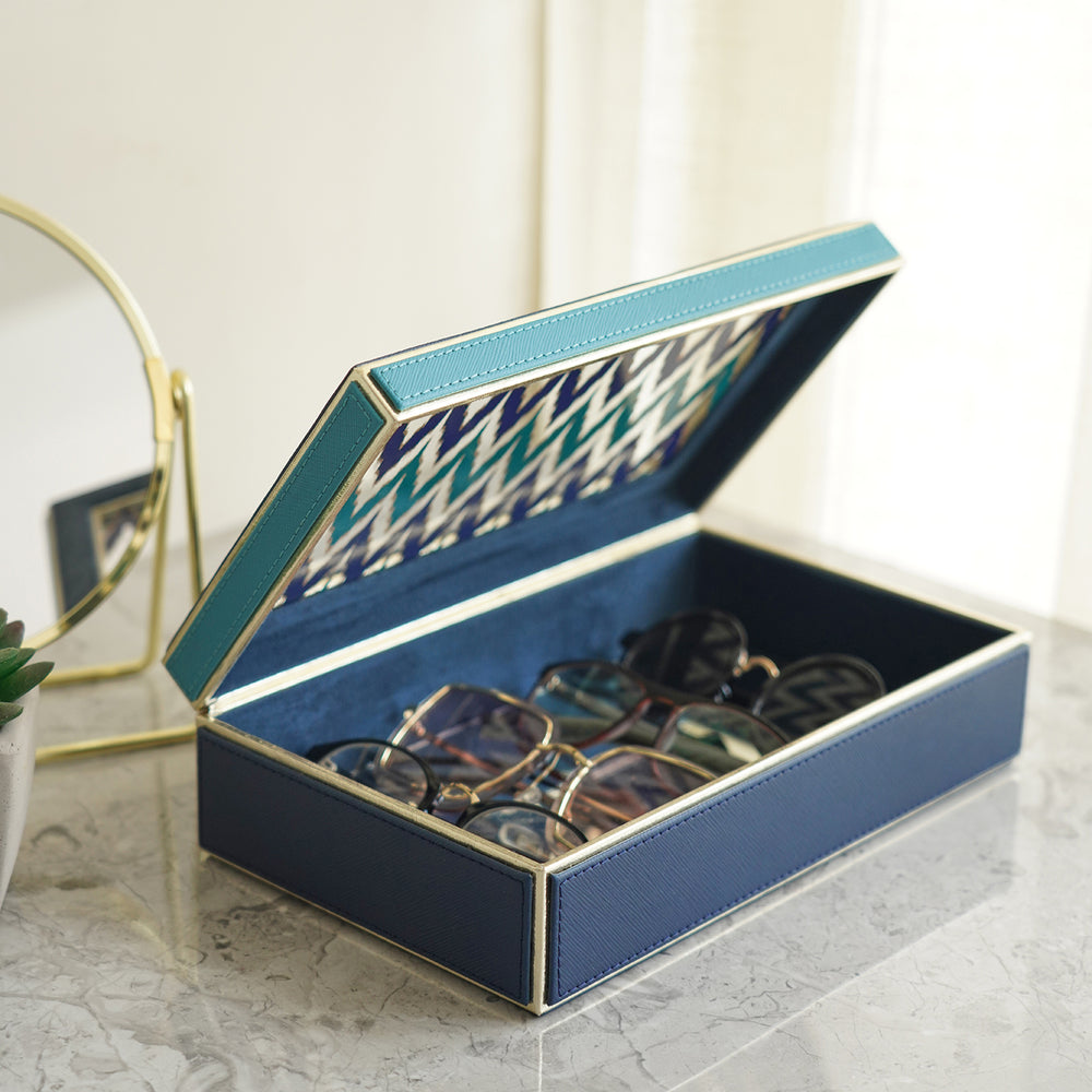 Blue Ikat Print Glass Faux Leather Storage Box with Lid