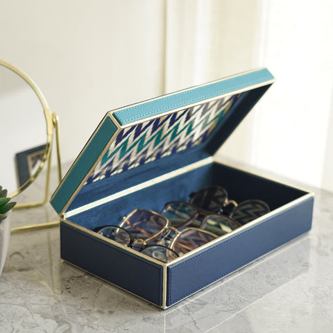 Blue Ikat Print Glass Faux Leather Storage Box with Lid
