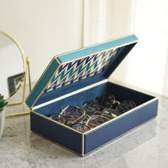 Blue Ikat Print Glass Faux Leather Storage Box with Lid