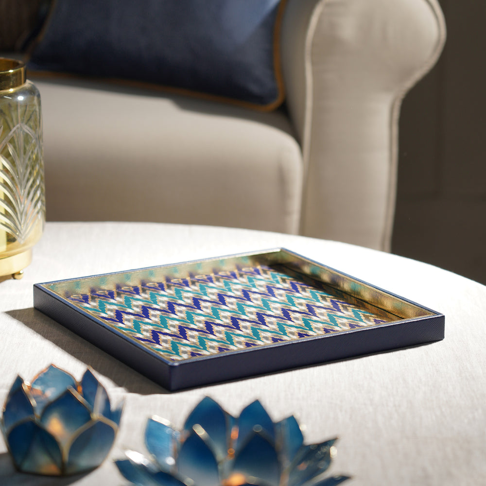 Blue Printed Glass Faux Leather Platter
