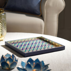 Blue Printed Glass Faux Leather Platter