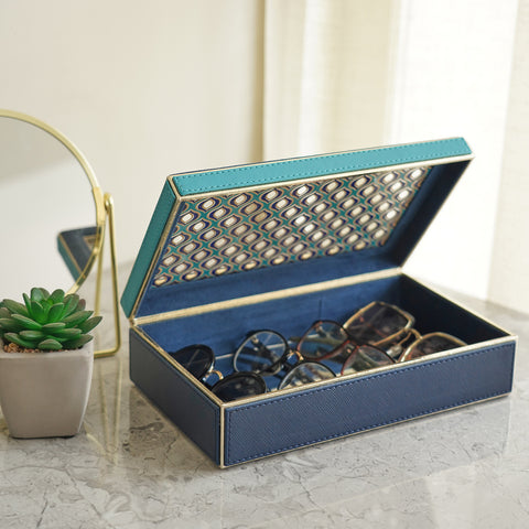 Blue Printed Glass Faux Leather Box With Lid