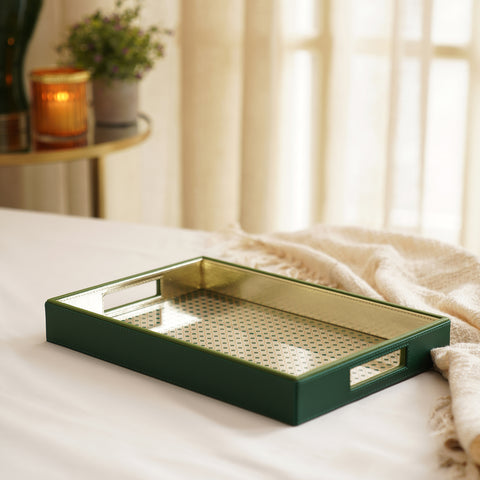 Green and Gold Glass Faux Leather Tray - Large