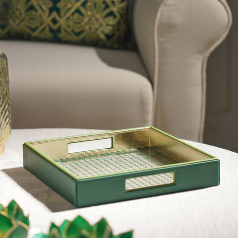 Green Printed Glass Faux Leather Tray - Small