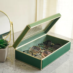 Dark Green Printed Glass Faux Leather Storage Box with Lid