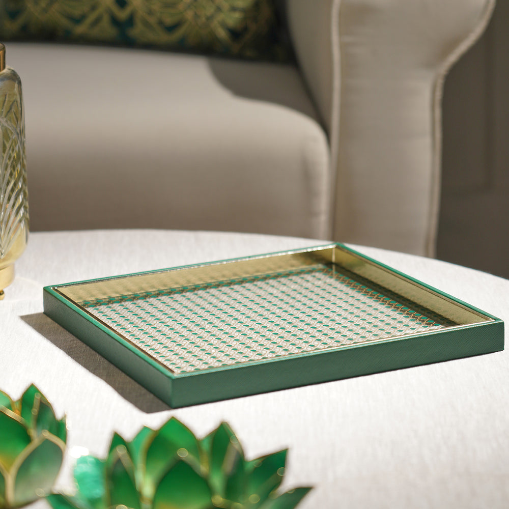 Dark Green Glass Printed Faux Leather Platter