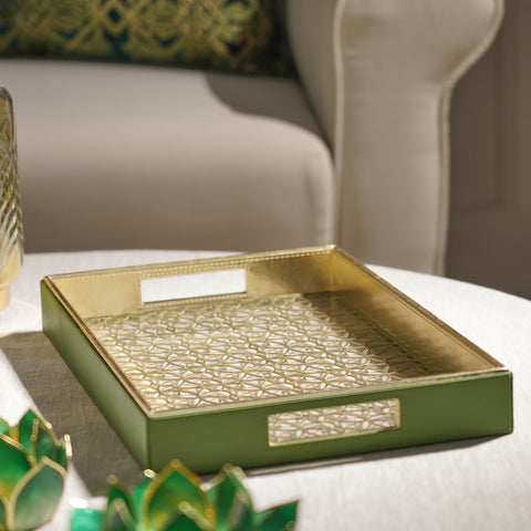 Green Lazer Cut Rectangle Faux Leather Tray