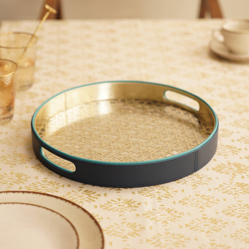Blue Lazer Cut Round Faux Leather Tray