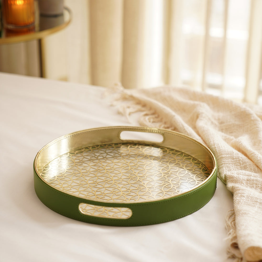 Green Lazer Cut Round Faux Leather Tray