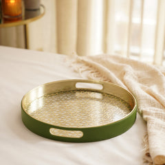 Green Lazer Cut Round Faux Leather Tray