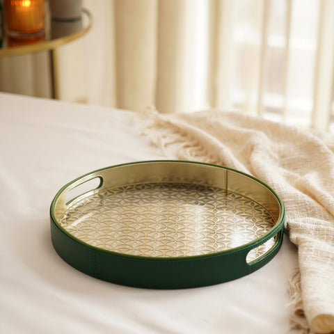 Dark Green Lazer Cut Round Faux Leather Tray