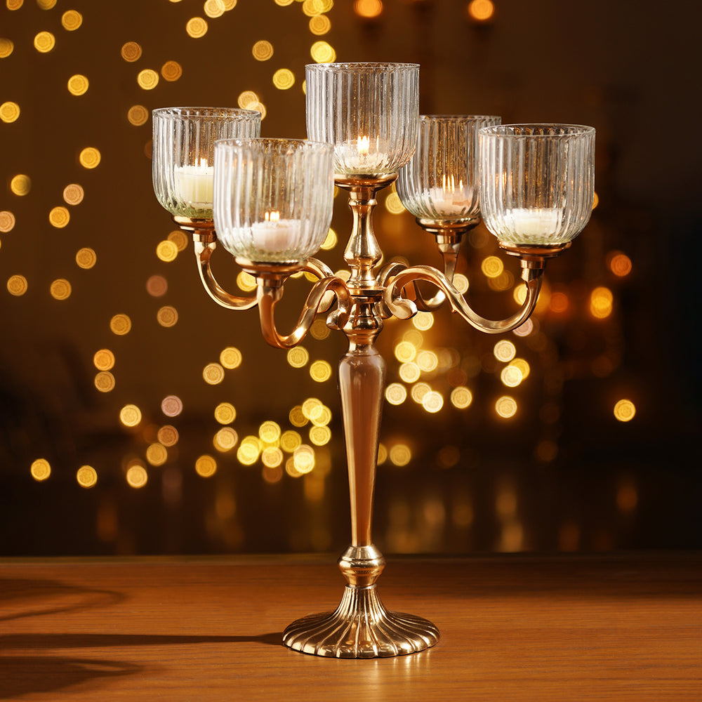 Gold 5-Light Ribbed Candle Stand
