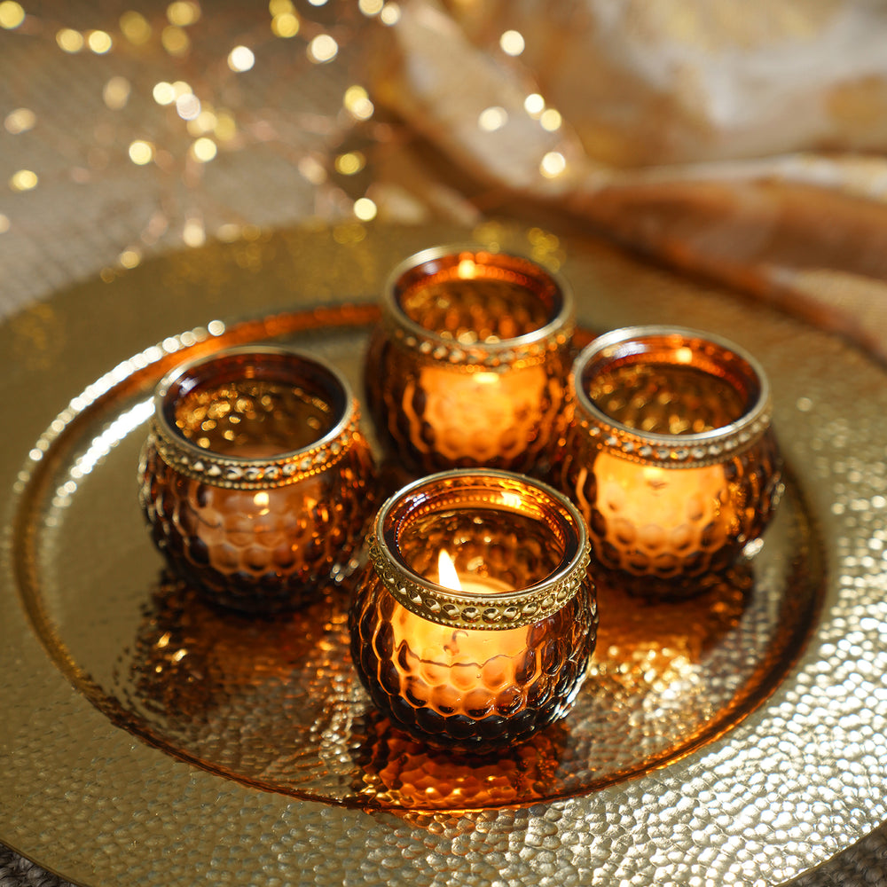 Set of 4 Brown Honeycomb Texture T-Light Holders