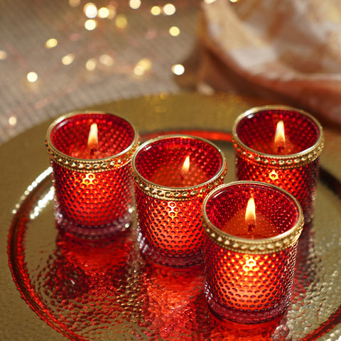 Set of 4 Red Dotted Votives with Rim
