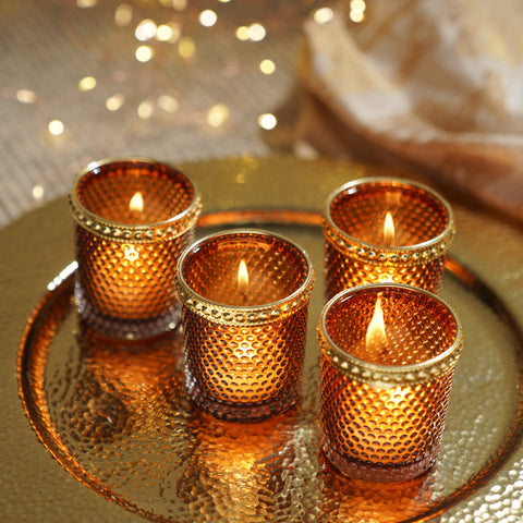 Set of 4 Dark Brown Dotted Votives with Rim