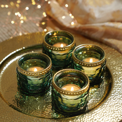Set of 4 Dark Green Honeycomb Texture T-Light Holders