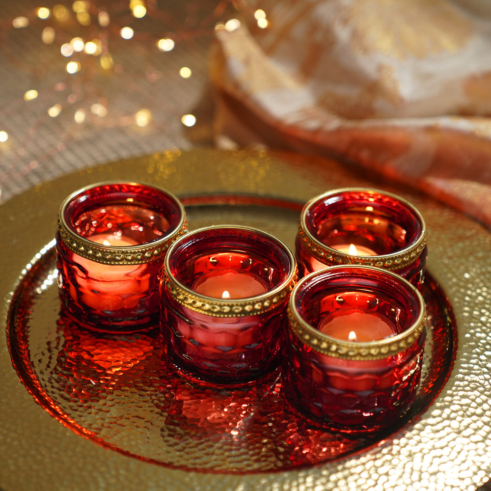 Set of 4 Red Honeycomb Textured T-Light Holders