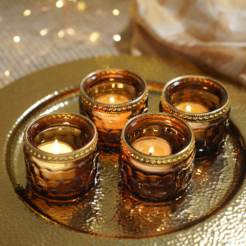Set of 4 Brown Honeycomb Texture T-Light Holders