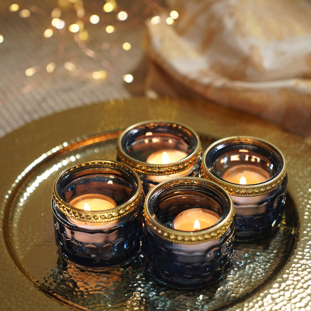 Set of 4 Blue Honeycomb Texture T-Light Holders