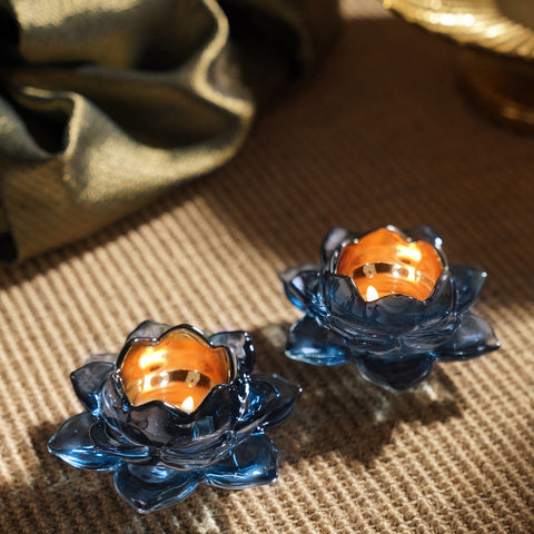 Set of 4 Blue Floral Shaped Tea-Light Holders