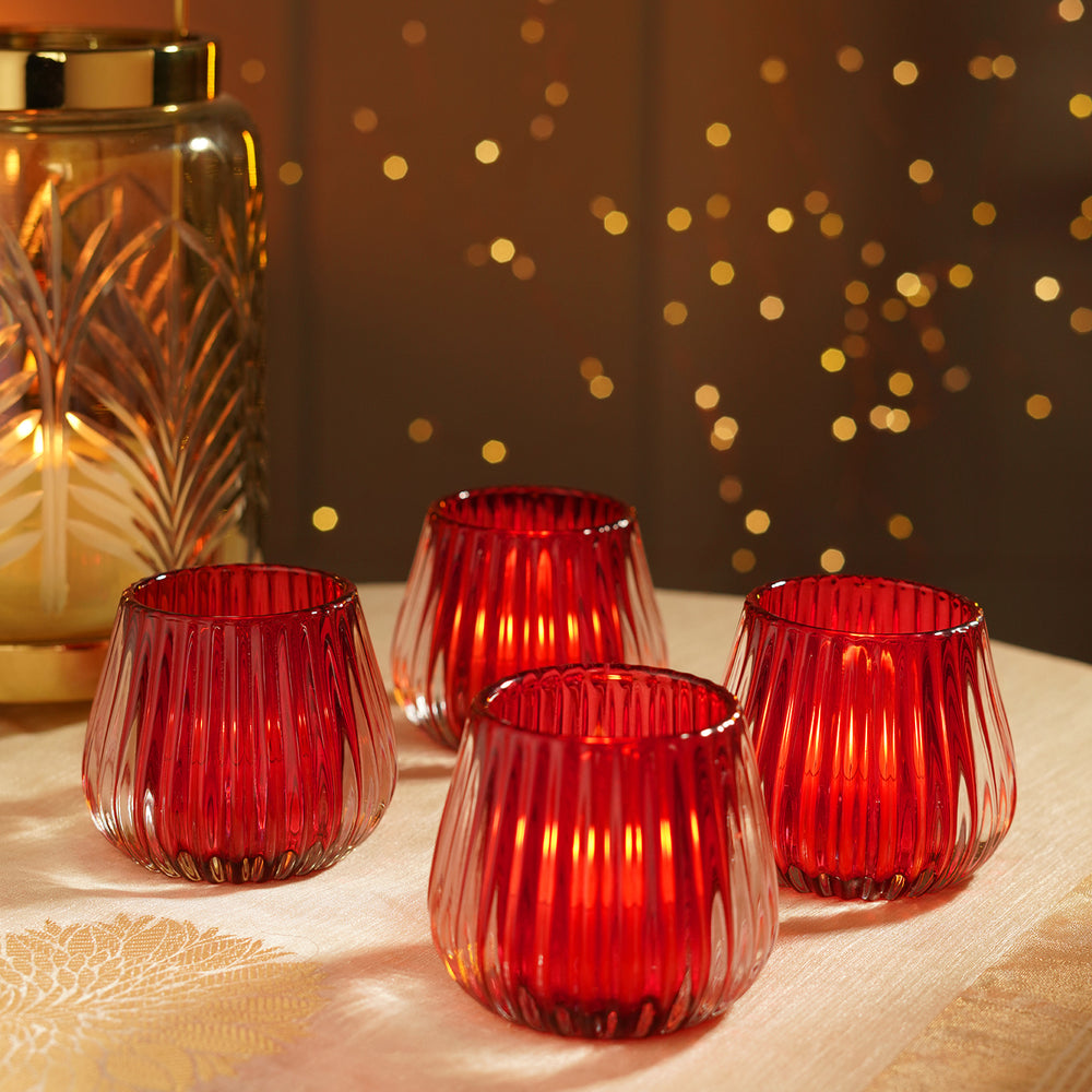 Set of 4 Red Ribbed Texture Glass Votives