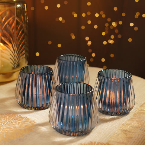 Set of 4 Blue Ribbed Texture Glass Votives