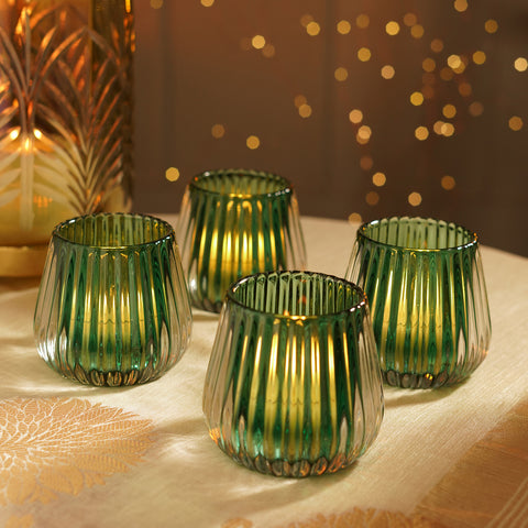Set of 4 Green Ribbed Texture Glass Votives