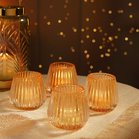 Set of 4 Brown Ribbed Texture Glass Votives