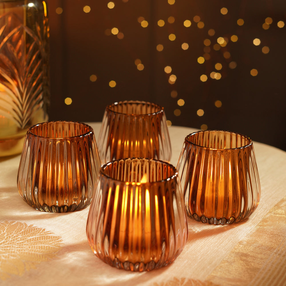 Set of 4 Dark Brown Ribbed Texture Glass Votives