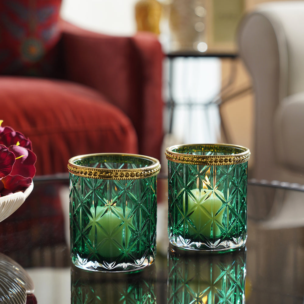 Set of 2 Dark Green Diamond Texture T-Light Holders