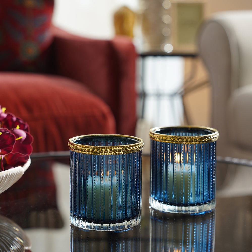 Set of 2 Blue Ribbed Glass T-Light Holders