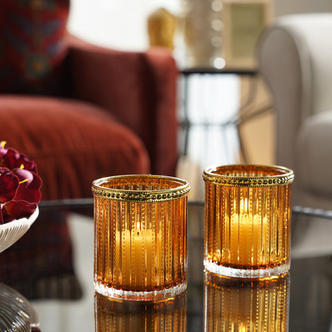 Set of 2 Brown Ribbed Glass T-Light Holders