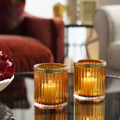 Set of 2 Brown Ribbed Glass T-Light Holders