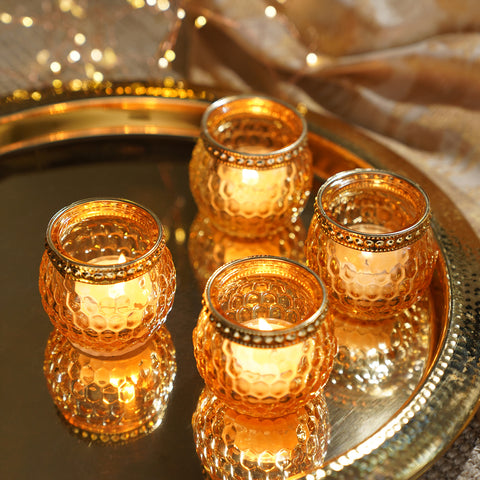 Set of 4 Light Brown Honeycomb Texture T-Light Holders