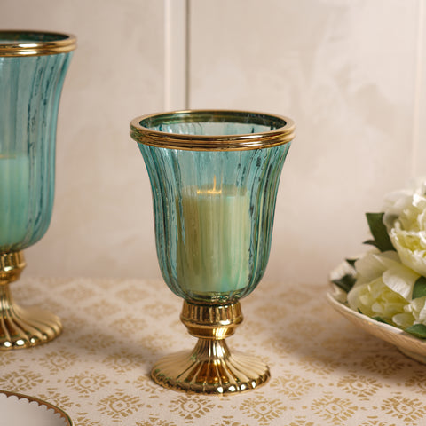 Teal Glass Textured Hurricane with Stand - Small