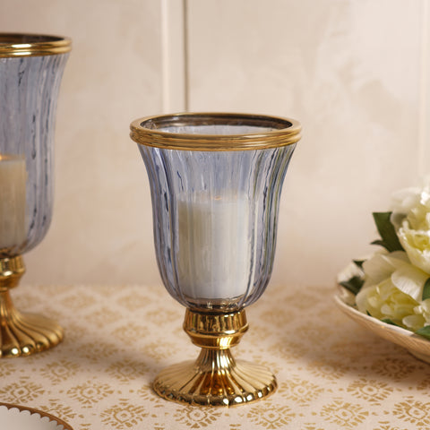 Blue Glass Textured Hurricane with Stand - Small