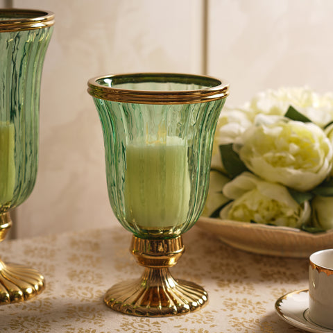 Green Glass Textured Hurricane with Stand - Small