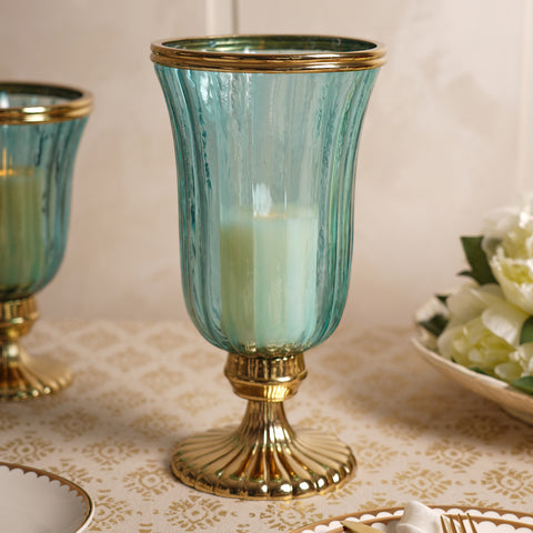 Teal Glass Textured Hurricane with Stand - Large