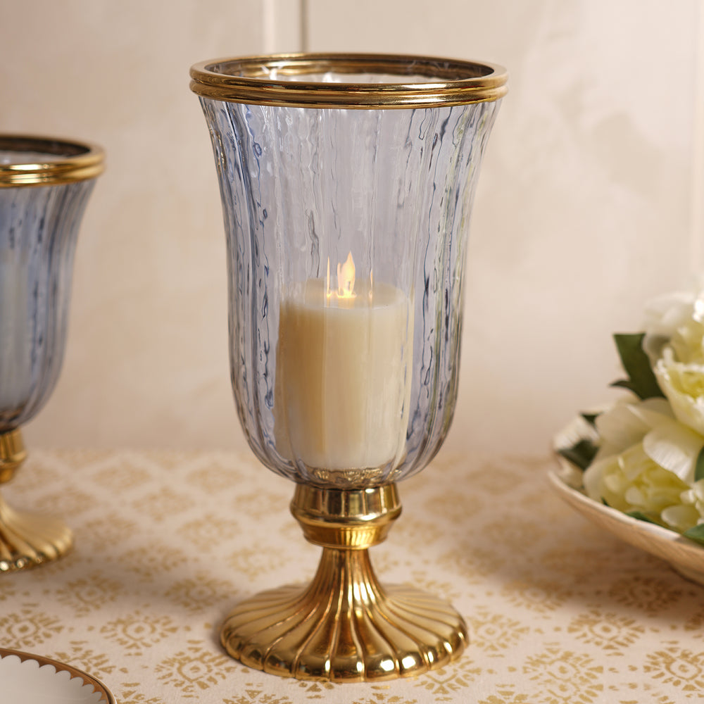 Blue Glass Textured Hurricane with Stand - Large