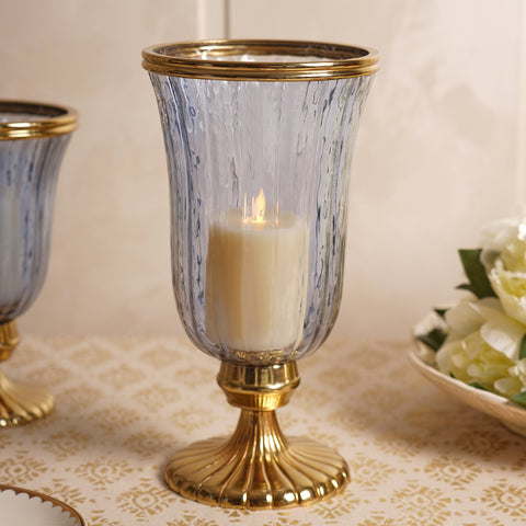 Blue Glass Textured Hurricane with Stand - Large