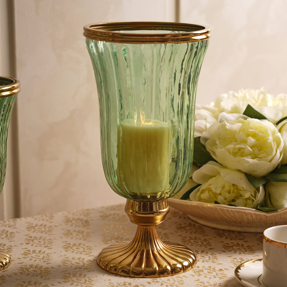 Green Glass Textured Hurricane with Stand - Large