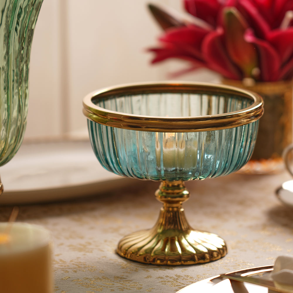 Green Ribbed Glass Decorative Bowl with Stand - Small