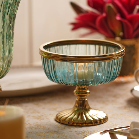 Green Ribbed Glass Decorative Bowl with Stand - Small
