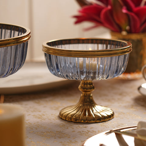 Blue Ribbed Glass Decorative Bowl with Stand - Small