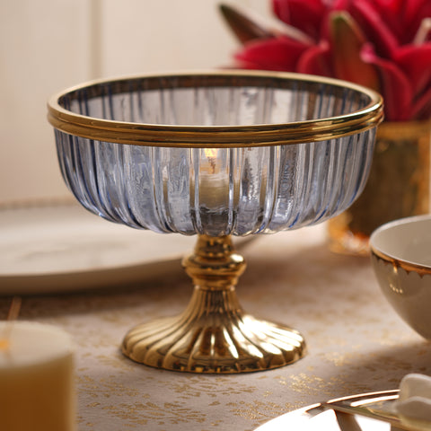 Blue Ribbed Glass Decorative Bowl with Stand - Large