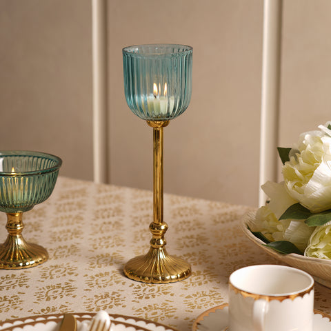 Teal Ribbed Glass Tall Hurricane with Stand - Small