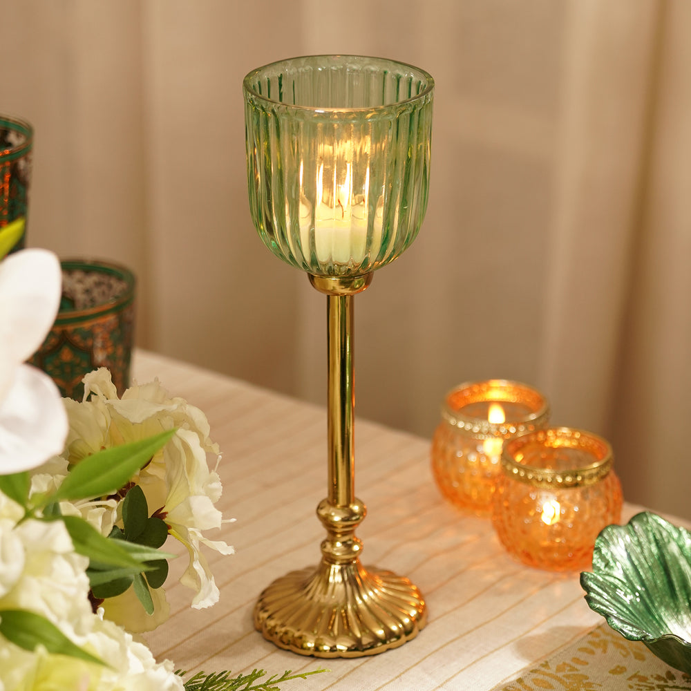 Green Ribbed Glass Tall Hurricane with Stand - Small
