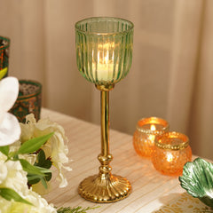 Green Ribbed Glass Tall Hurricane with Stand - Small